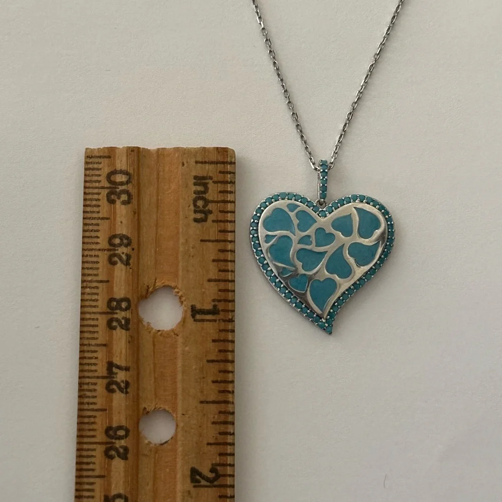 925 Silver hearts in a heart enamel turquoise necklace